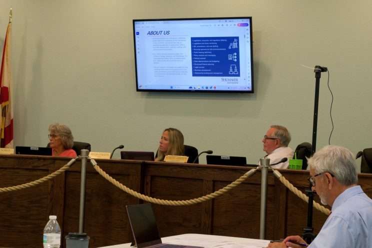 Three council members sitting at the dais, as seen from the audience. Taken at the Sept. 11 meeting about the search for a new Kenneth City Town Manager