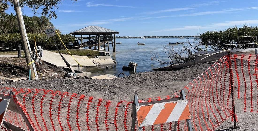a sinkhole and broken seawall in Gulfport near O'Maddy's and Veterans Park from Hurricane Milton.