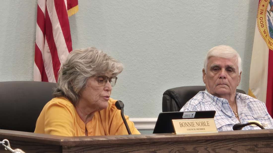 a woman wearing a yellow shirt sitting next to a man. (Kenneth City Council member Noble Reprimanded)