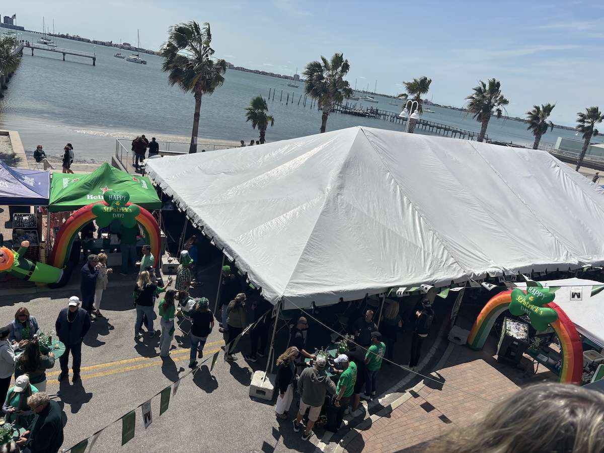 A second story view of Gulfport during St.Patrick's Day festivities.