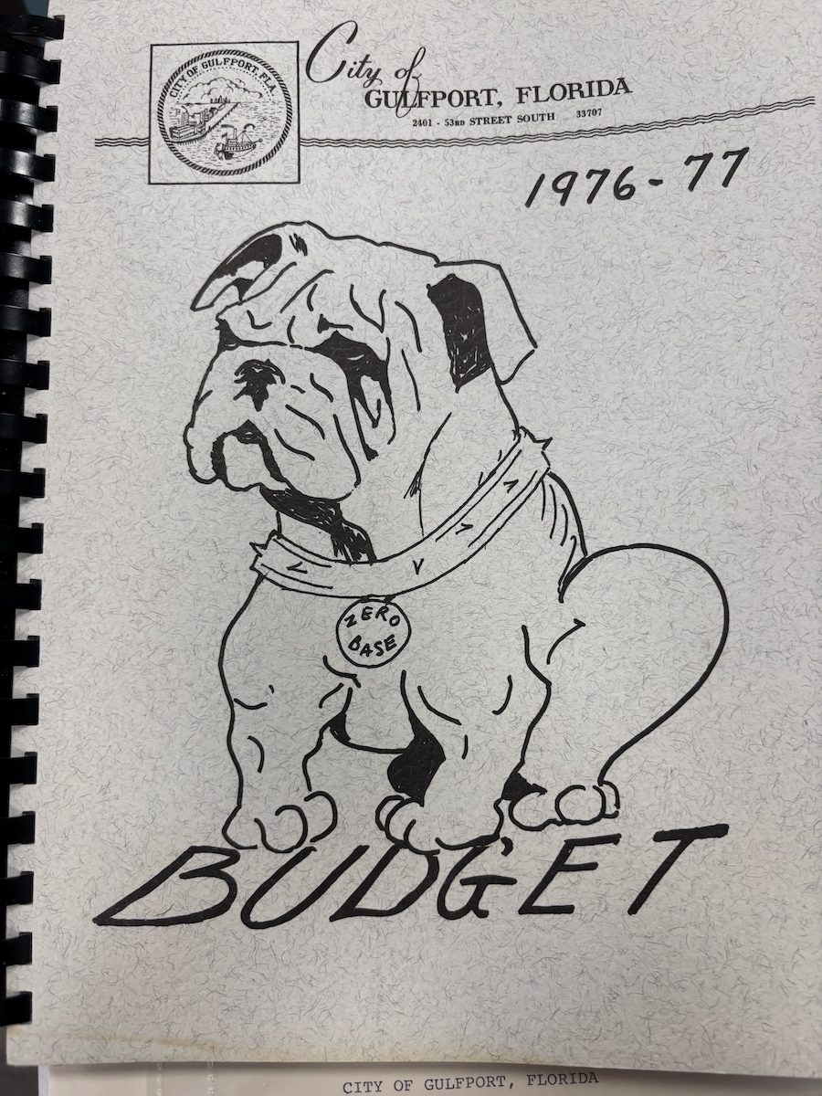 The cover of a spiral-bound City of Gulfport booklet dated 1976-77 features a hand-drawn bulldog wearing a “Zero Waste” tag.