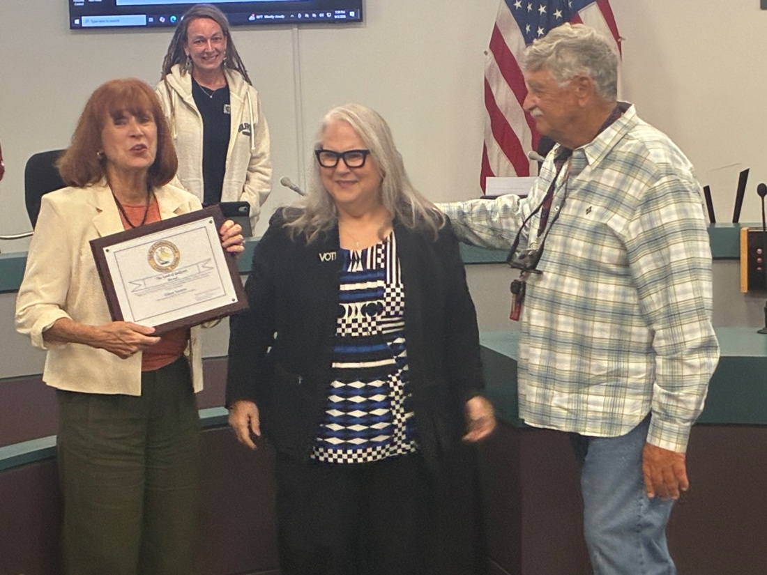 A woman is presented an award by an official